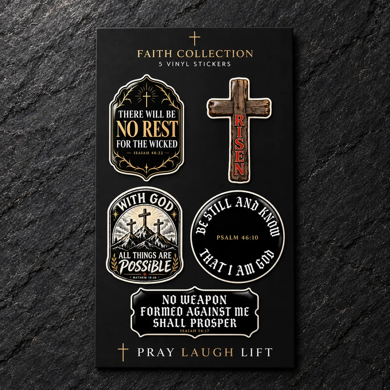 Faith Collection sticker sheet on dark slate with five vinyl stickers and the Pray Laugh Lift name