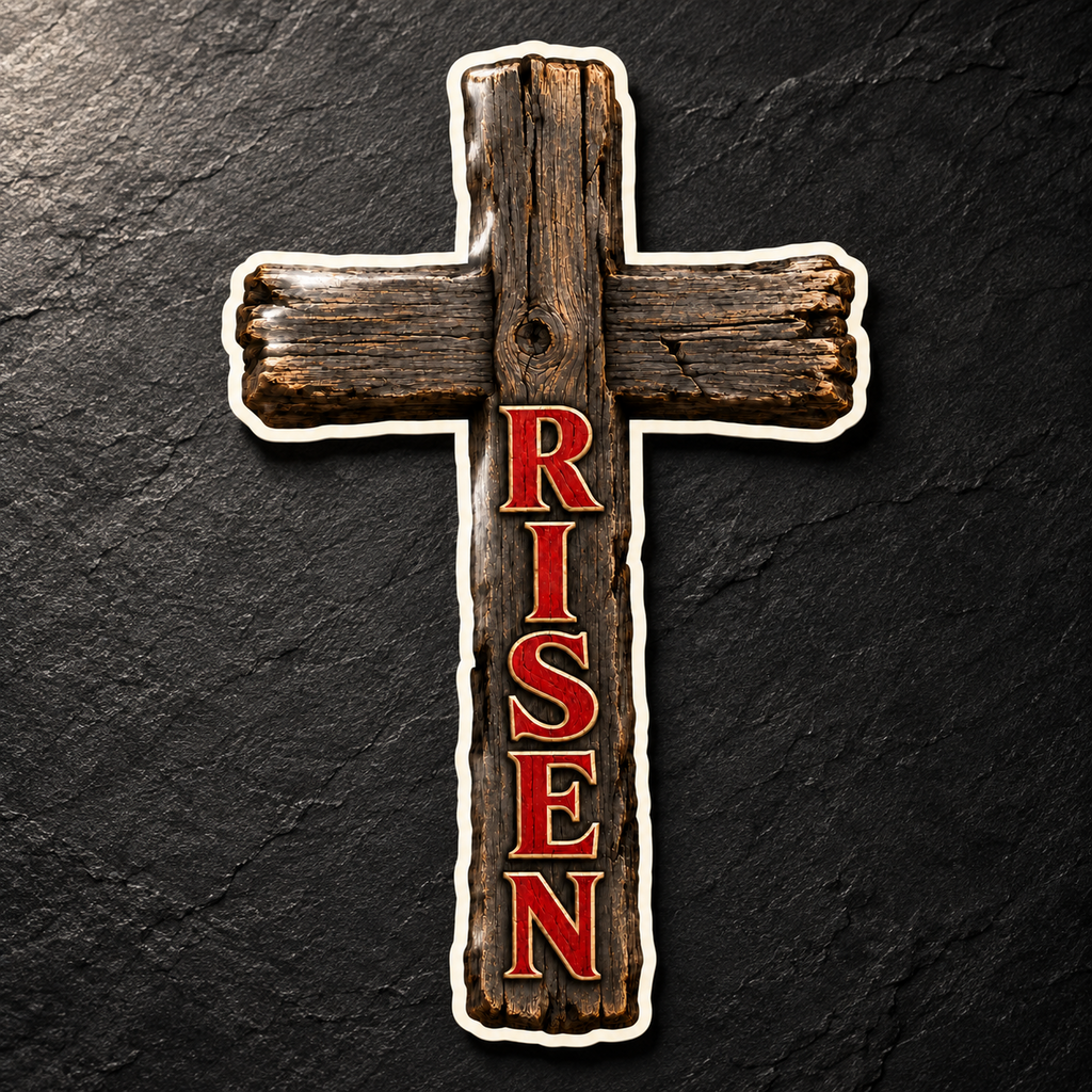 Die-cut sticker of a weathered wooden cross with RISEN in red serif capitals down the upright
