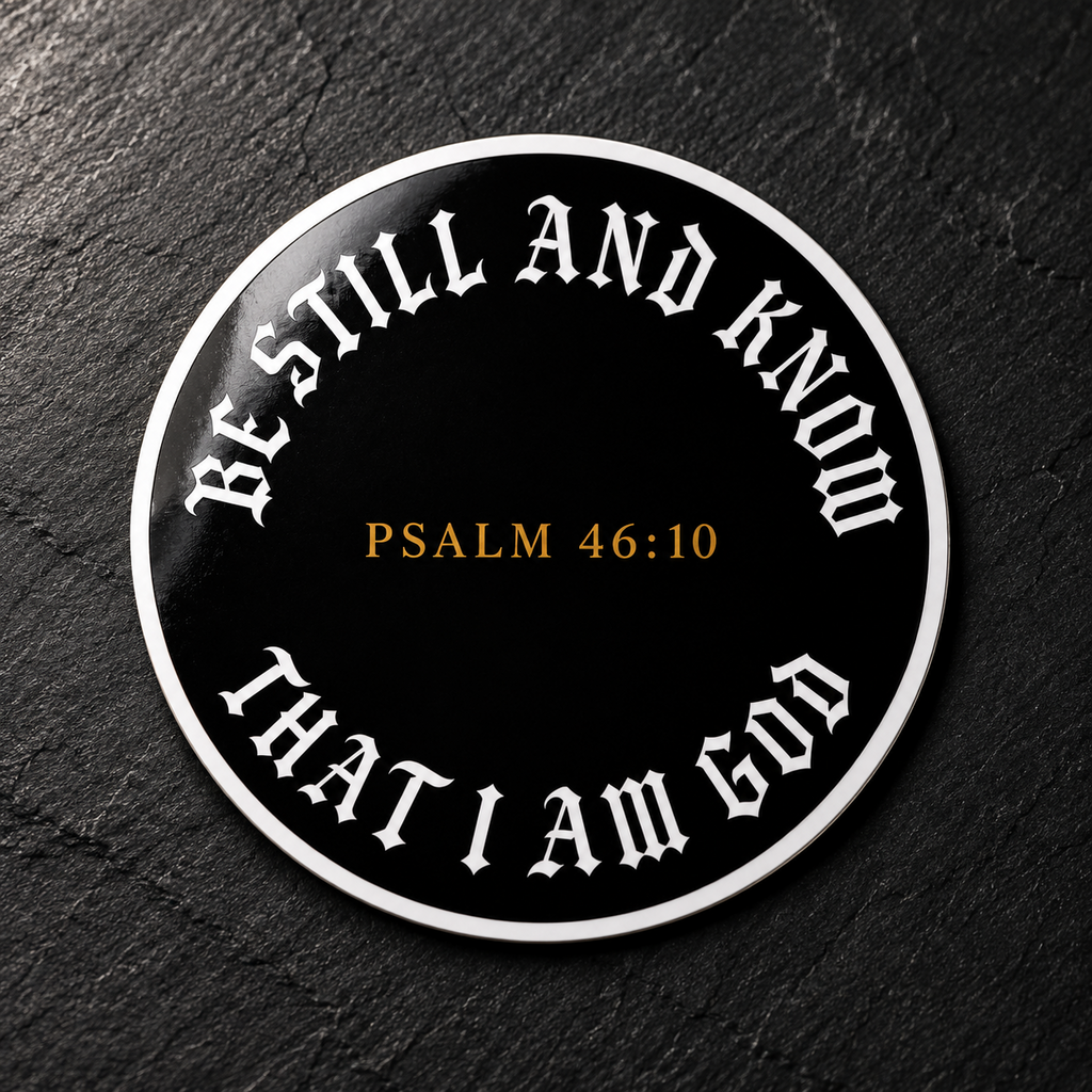 Round black sticker with Be Still And Know That I Am God curved around the edge in white blackletter type