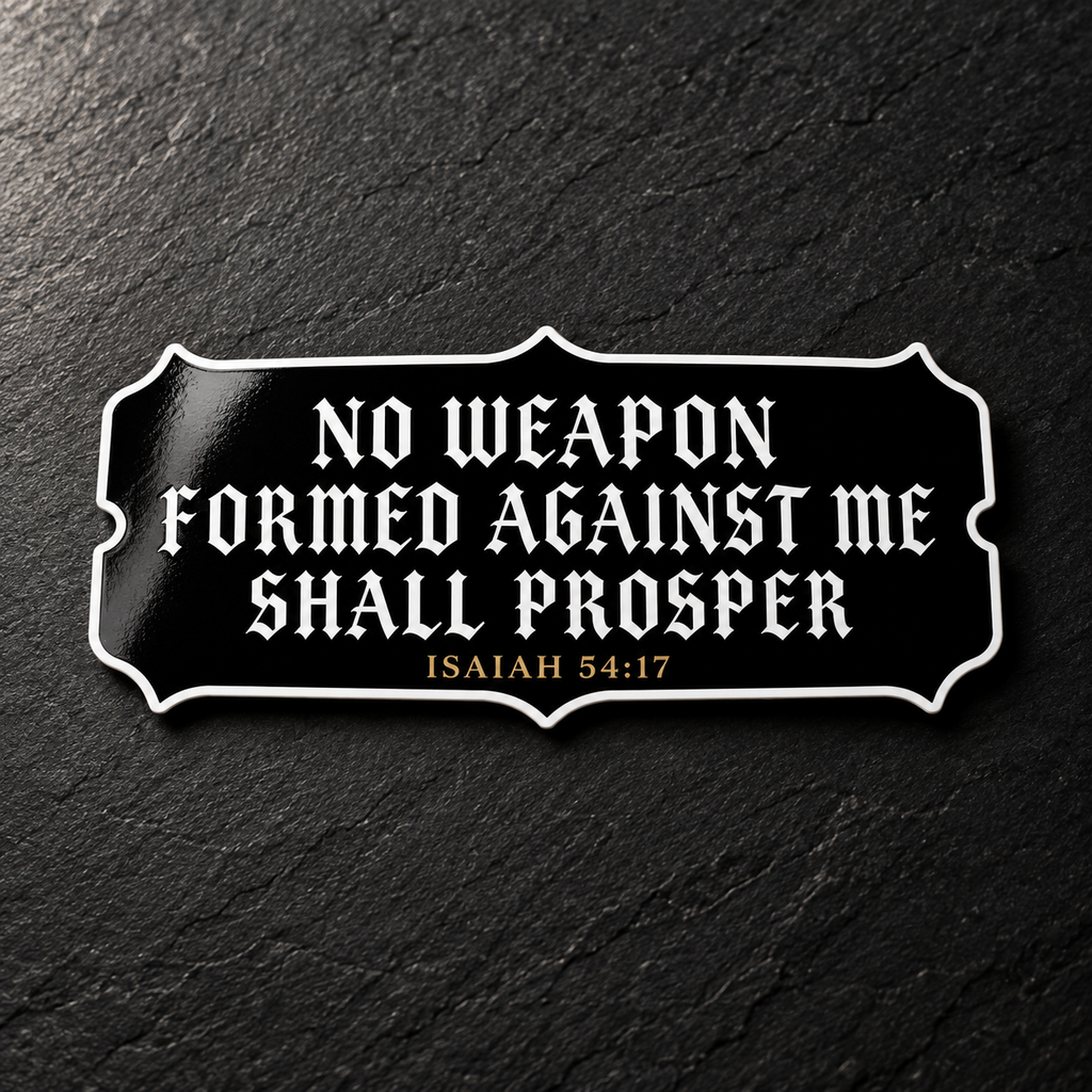 Wide black plaque sticker reading No Weapon Formed Against Me Shall Prosper in white blackletter type