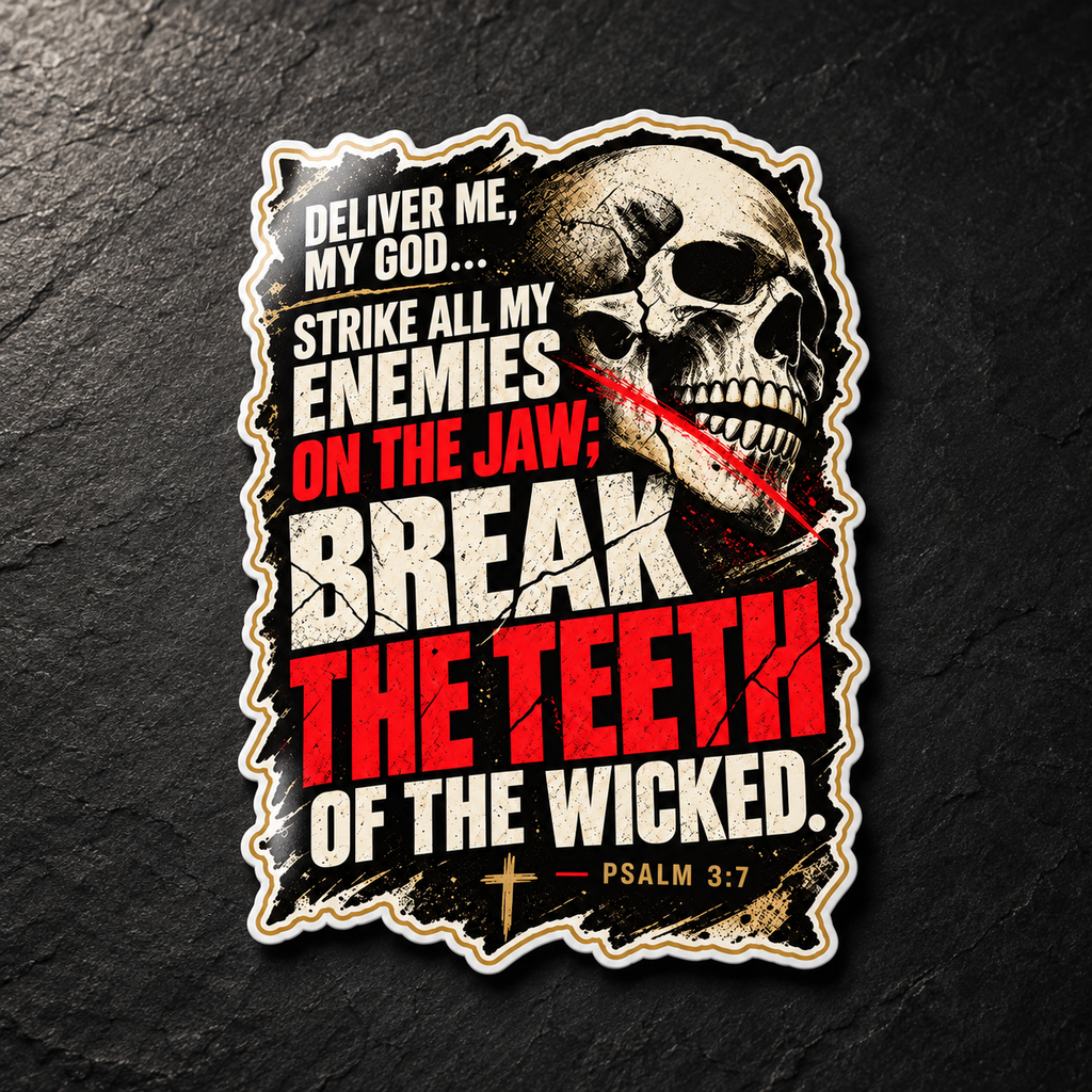 Bold black sticker with a skull illustration and Psalm 3:7 wording in white and red condensed capitals