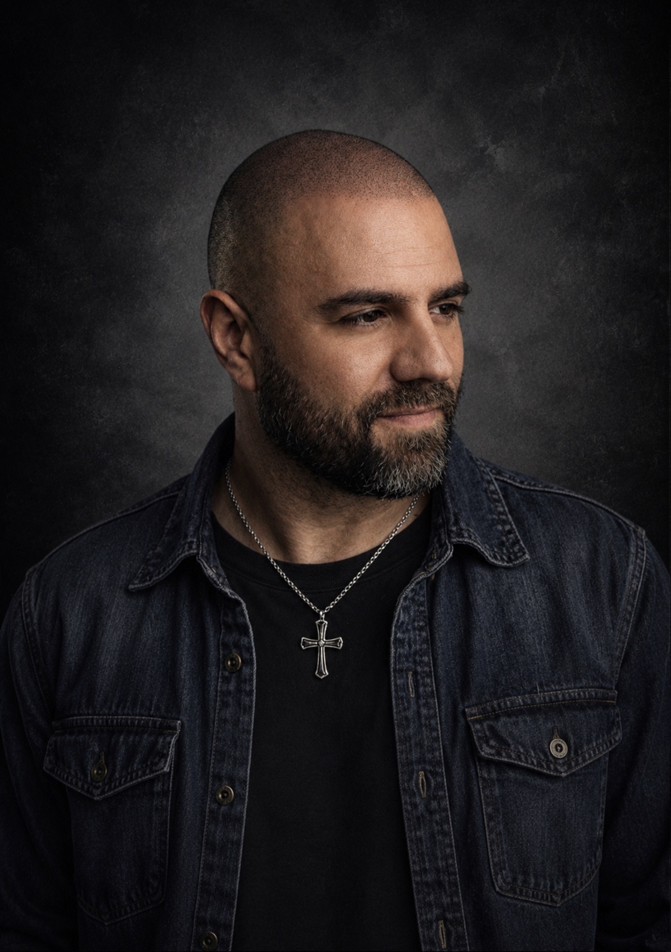 Portrait of the founder of Pray Laugh Lift in low light