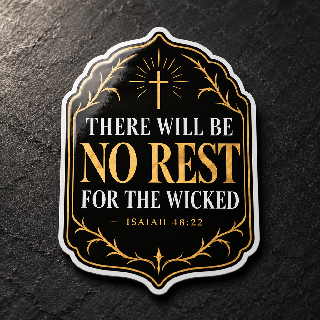 Black shield-shaped sticker reading There Will Be No Rest For The Wicked with gold lettering and a radiant cross