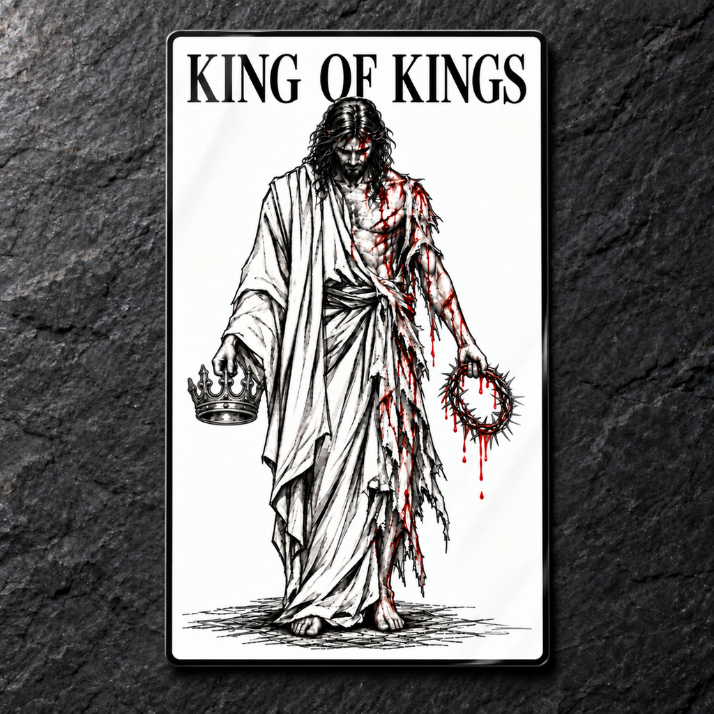 Tall white sticker reading KING OF KINGS above an ink drawing of Christ in torn robes holding a crown and a crown of thorns